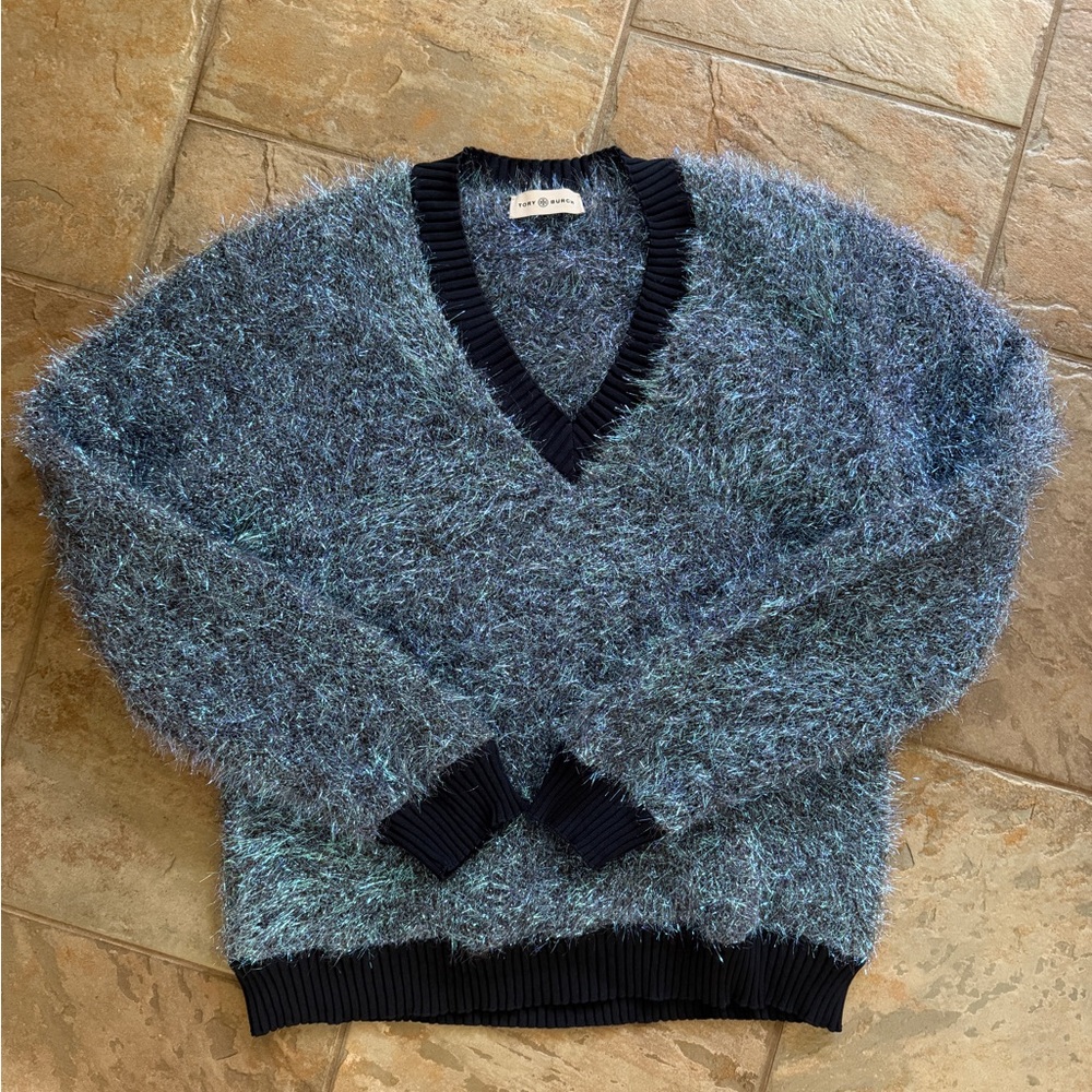 Tory Burch Women's Metallic Fuzzy V-Neck Sweater in Blue and Dark Navy